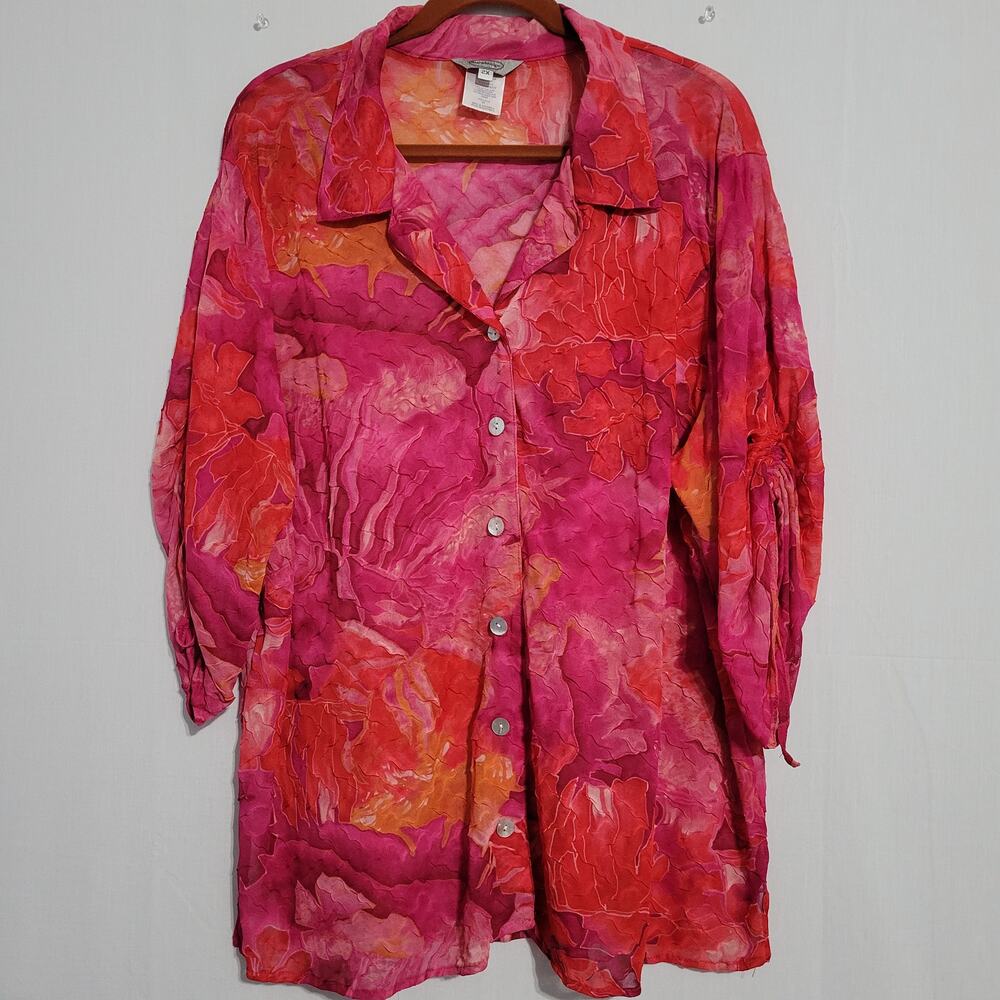 Stonebridge Ruched Sleeve Floral Button Up Top size 2X Multicolor Textured